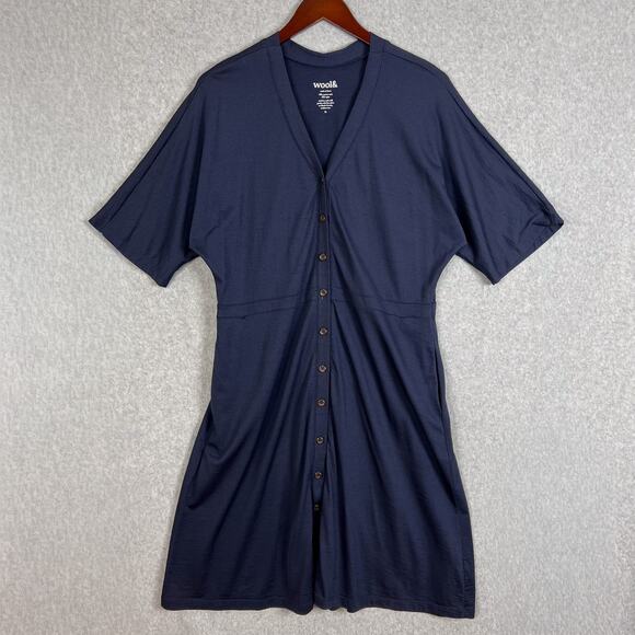 Wool& Wooland Navy Blue Amalya V Neck Button Front Dress Pockets Size XL - Picture 1 of 12